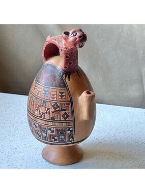 Signed Norma Cuno Ceramic Cadogan Puzzle Jug Huaco Moche Figure Peru Handmade